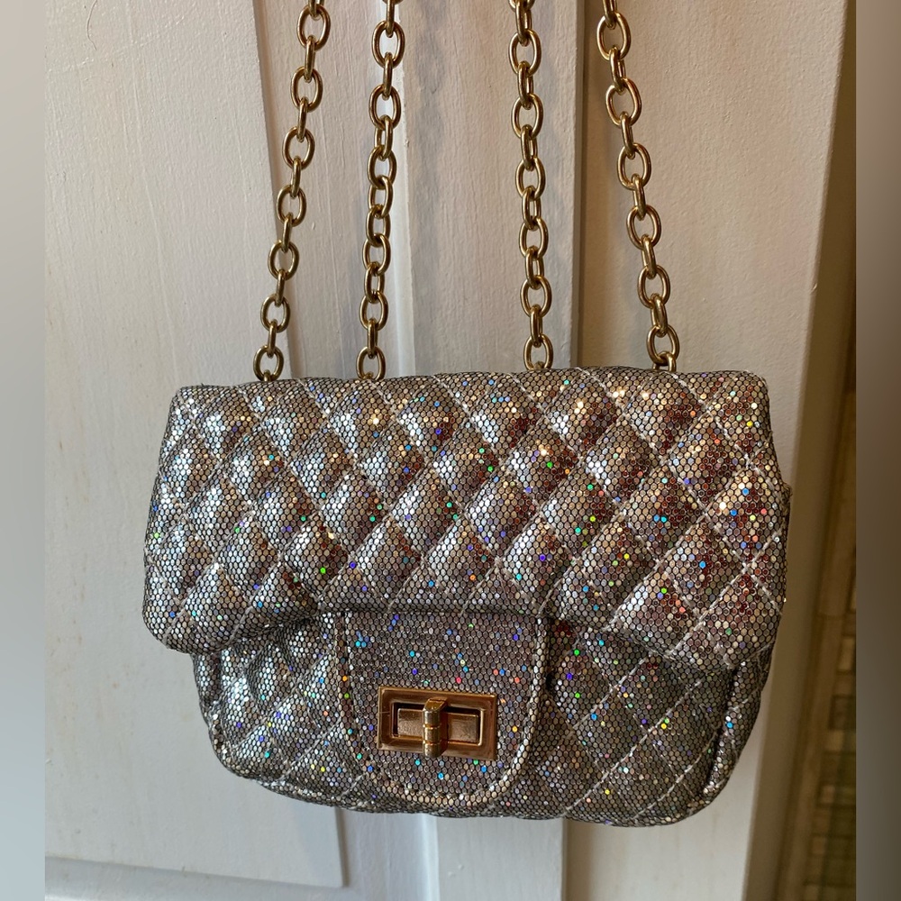 Chloe K. Silver Quilted Sparkle Crossbody Mini Bag